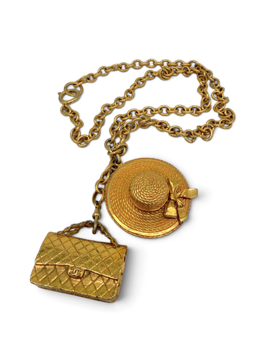 Coco Chapeau & Quilted Handbag Charm Vintage Necklace