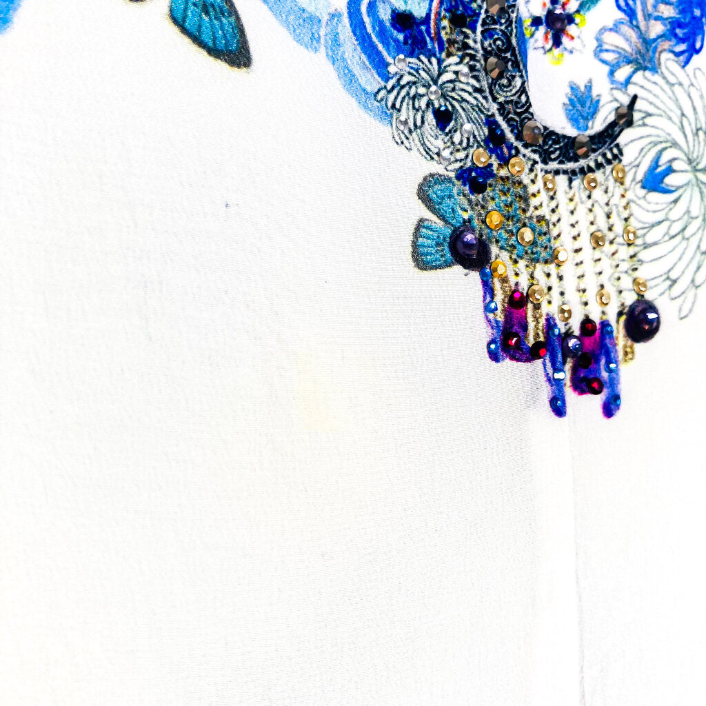 Camilla 'White Side of the Moon' blue and white silk dress close-up crystal embellishment