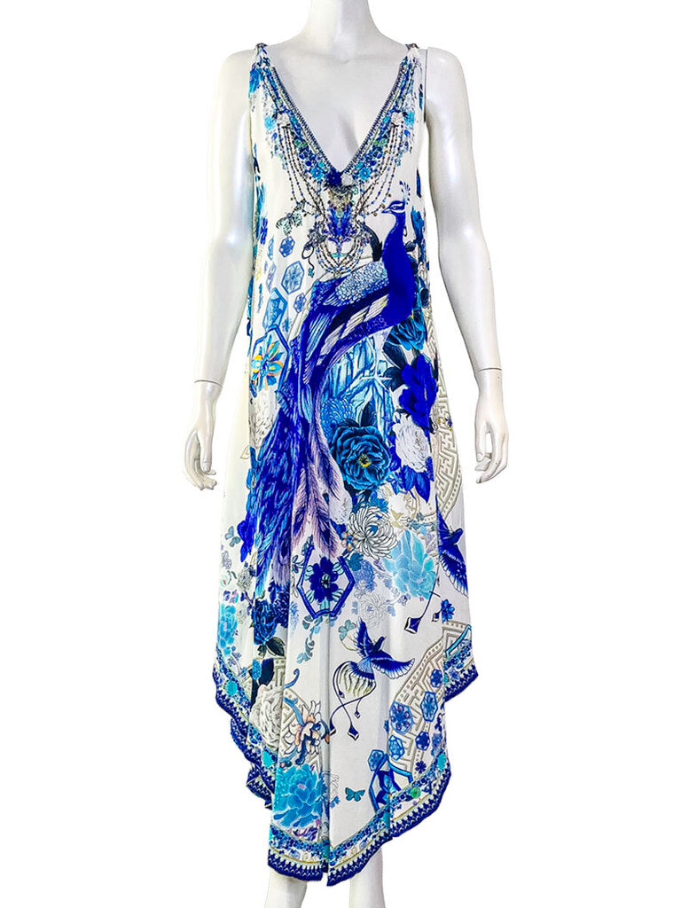 Camilla 'White Side of the Moon' blue and white silk dress front view