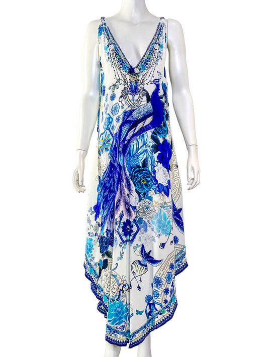 Camilla 'White Side of the Moon' blue and white silk dress front view