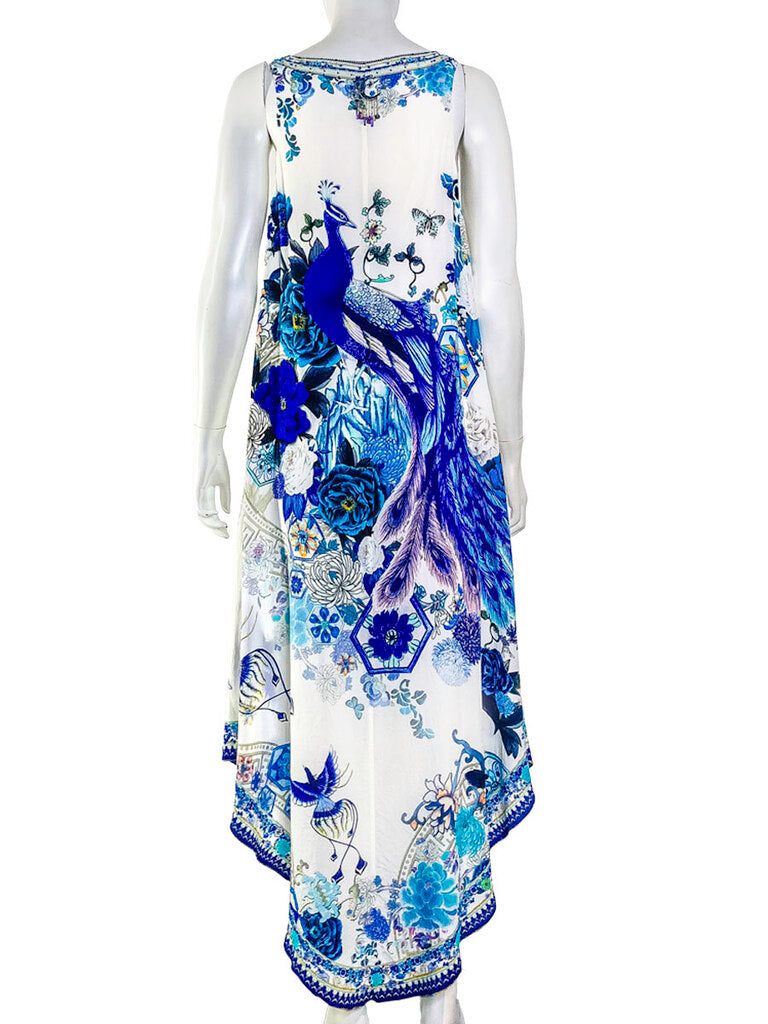 Camilla 'White Side of the Moon' blue and white silk dress back view