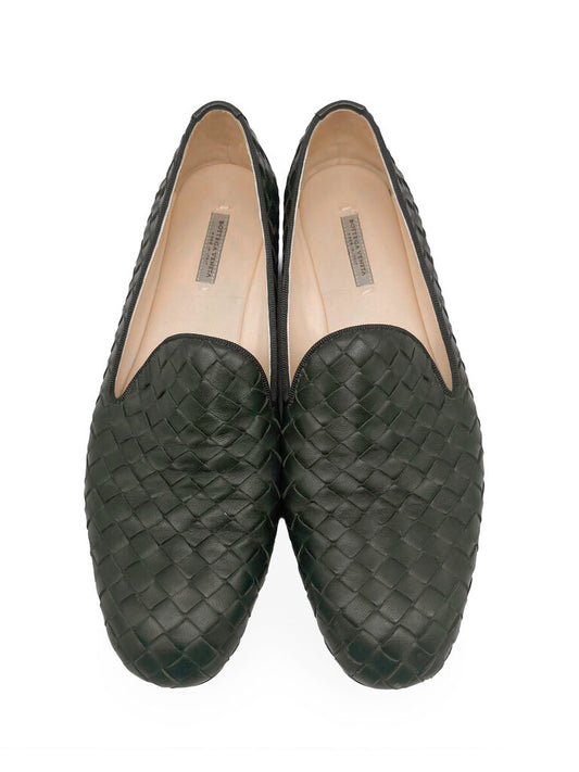Bottega Veneta loafer shoes with intrecciato detailing forest green colour top view of both shoes