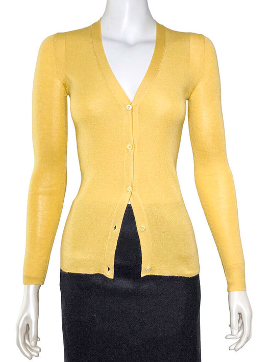 Prada cashmere and silk cardigan butter yellow colour front view