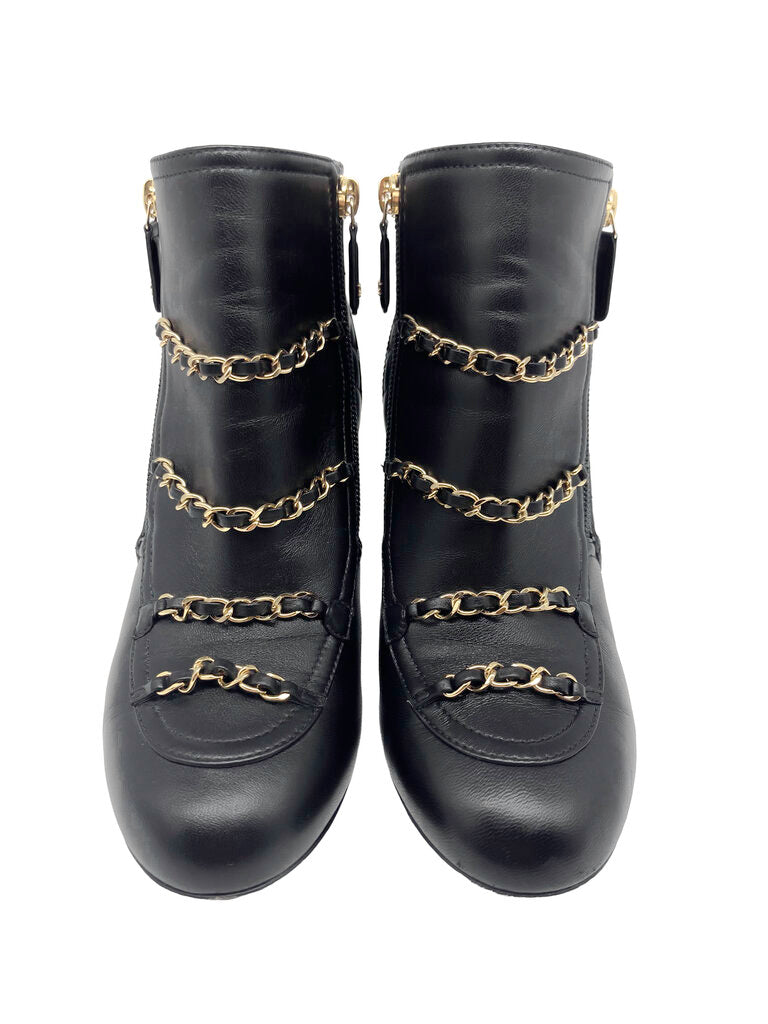CC Quilted & Chain Leather Ankle Boots