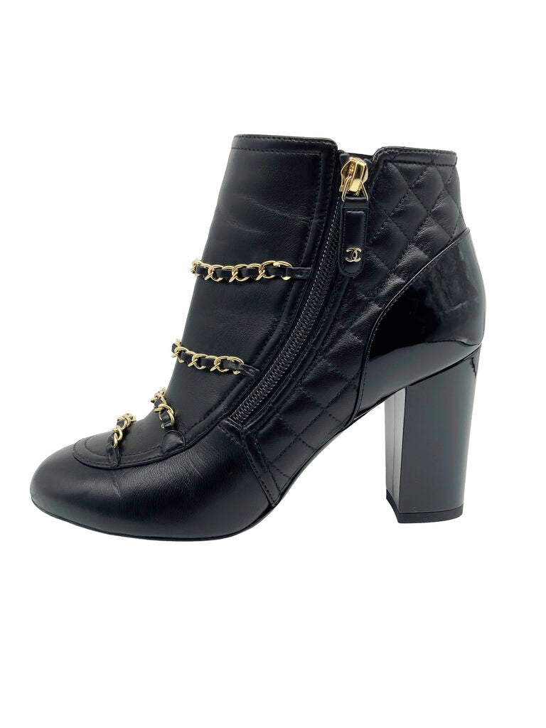 CC Quilted & Chain Leather Ankle Boots