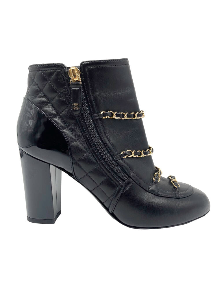 CC Quilted & Chain Leather Ankle Boots
