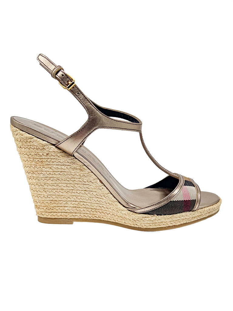 House Check Bridle Leather Espadrille Wedges Size 39