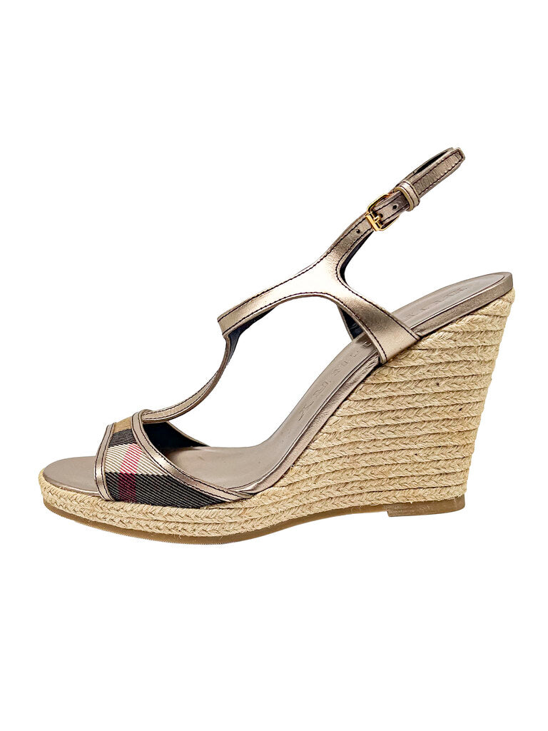 House Check Bridle Leather Espadrille Wedges Size 39