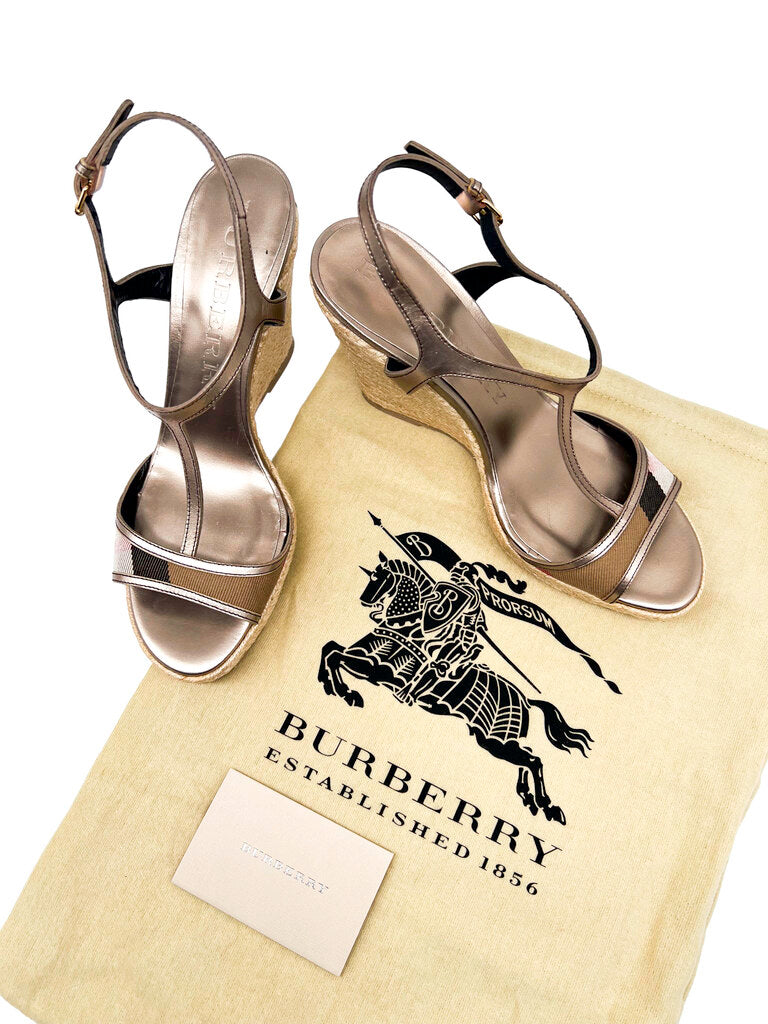 House Check Bridle Leather Espadrille Wedges Size 39