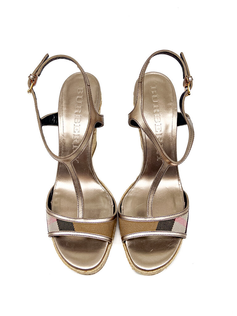 House Check Bridle Leather Espadrille Wedges Size 39