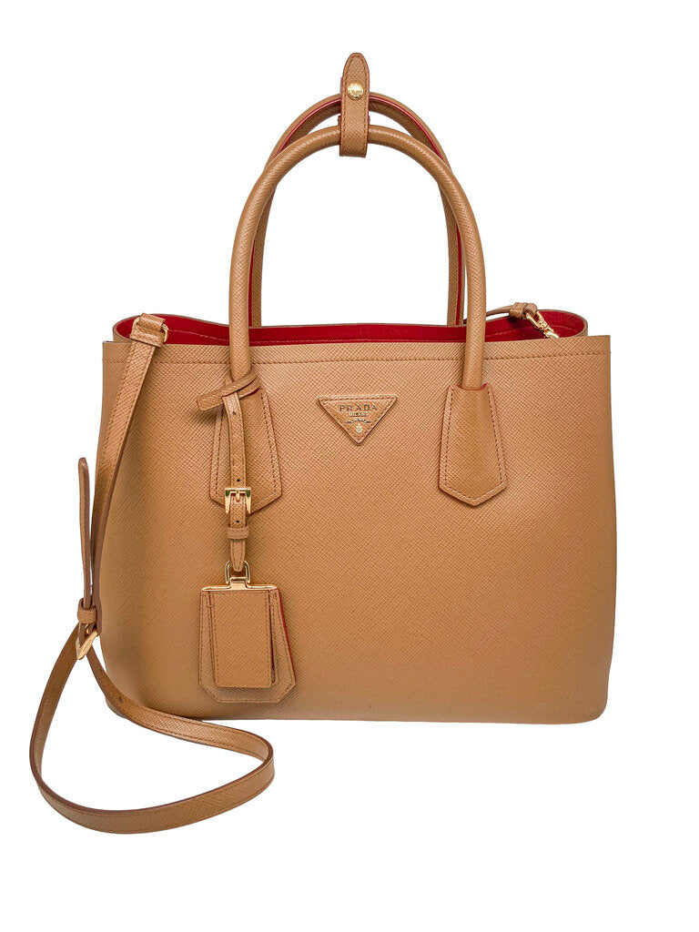 Tan Saffiano Cuir Medium Double Bag