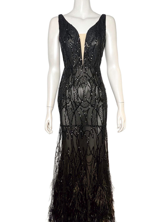 Feather & Sequin Sheer Gown Size M