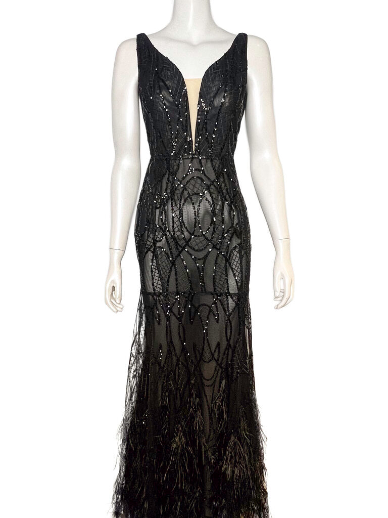 Feather & Sequin Sheer Gown Size M