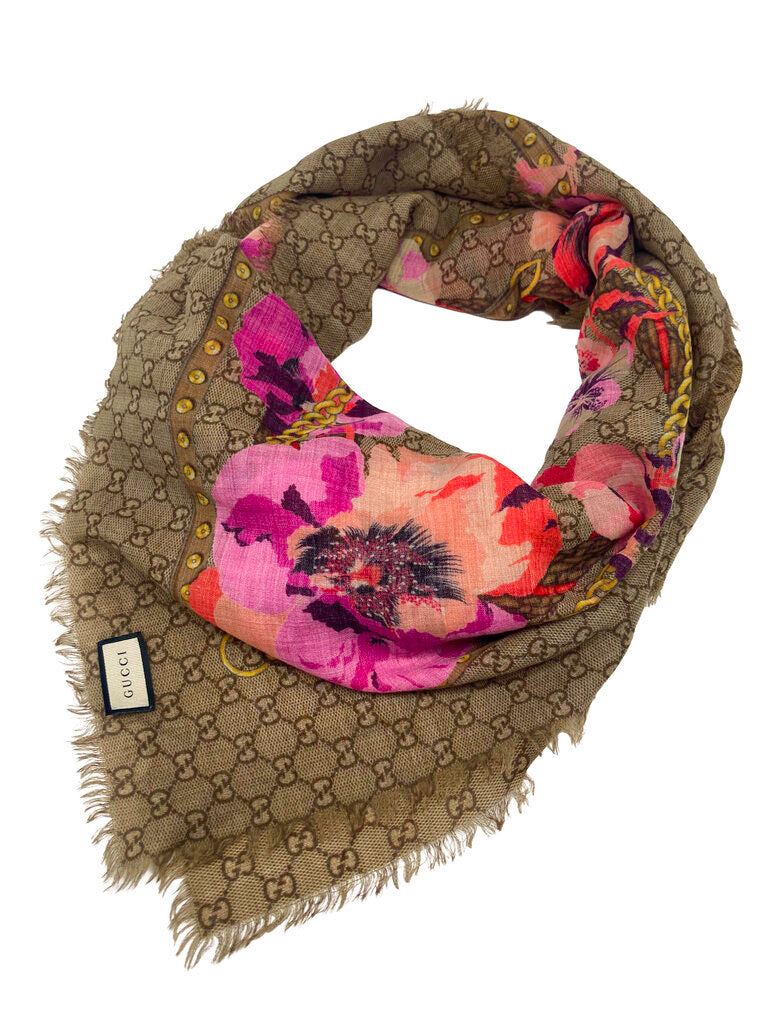 GG Monogram & Flora Wool/Silk Scarf