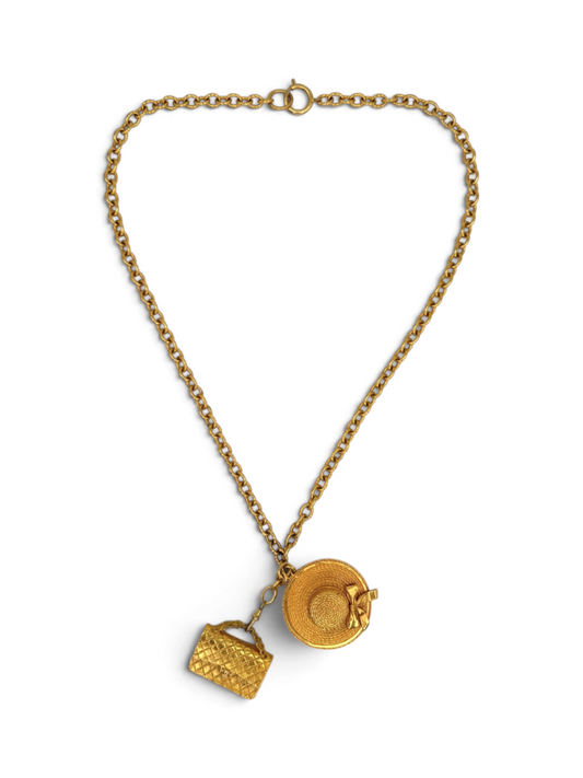 Coco Chapeau & Quilted Handbag Charm Vintage Necklace