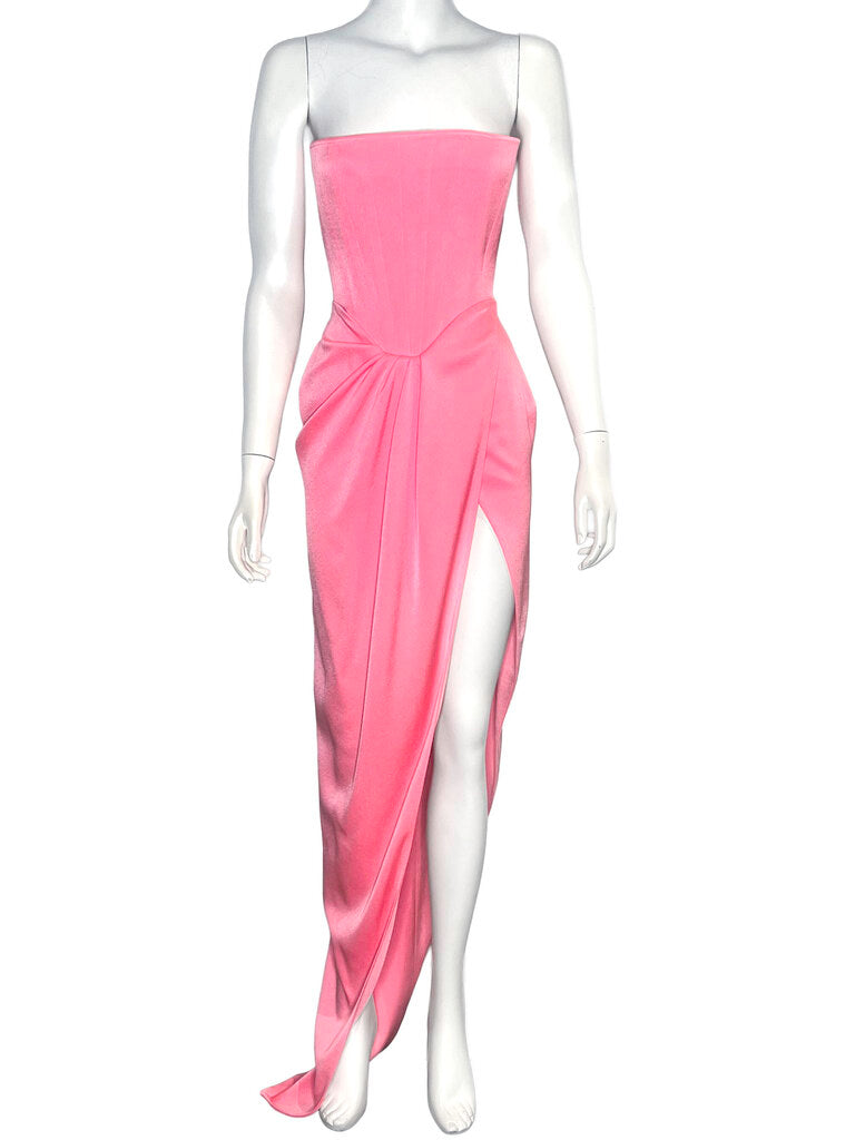 Alex Perry Ledger Hot pink strapless formal dress with elegant draping, high leg slit and flowing asymmetric design. From designer consignment boutique Dee Black, in Perth, Western Australia.