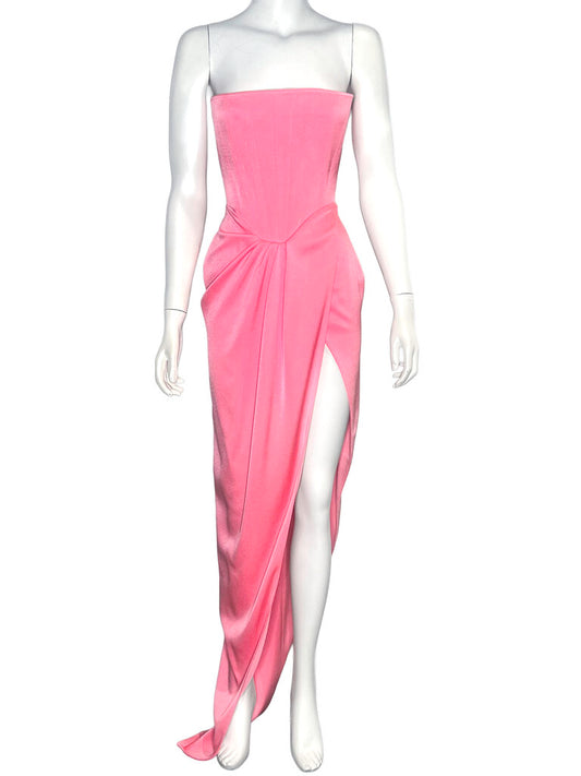 Alex Perry Ledger Hot pink strapless formal dress with elegant draping, high leg slit and flowing asymmetric design. From designer consignment boutique Dee Black, in Perth, Western Australia.