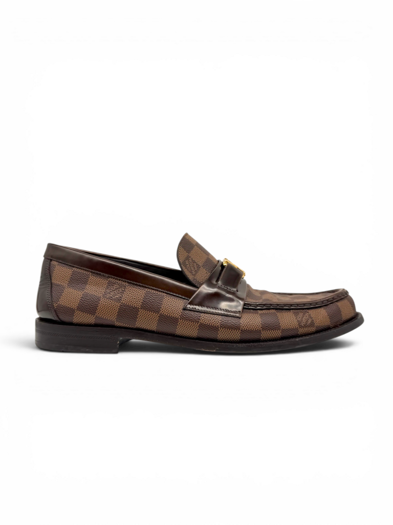 Men's luxury brown checkered canvas loafer with leather detailing and classic penny strap design from Dee Black Boutique, Perth.