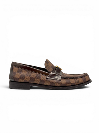 Men's luxury brown checkered canvas loafer with leather detailing and classic penny strap design from Dee Black Boutique, Perth.