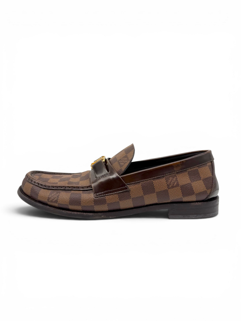 Louis Vuitton men's Damier Ebene loafer with signature checkered canvas, polished leather accents and classic slip-on design. From desginer consignment boutique, Dee Black, in Perth, Western Australia. 