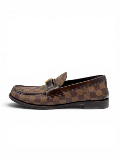 Louis Vuitton men's Damier Ebene loafer with signature checkered canvas, polished leather accents and classic slip-on design. From desginer consignment boutique, Dee Black, in Perth, Western Australia. 