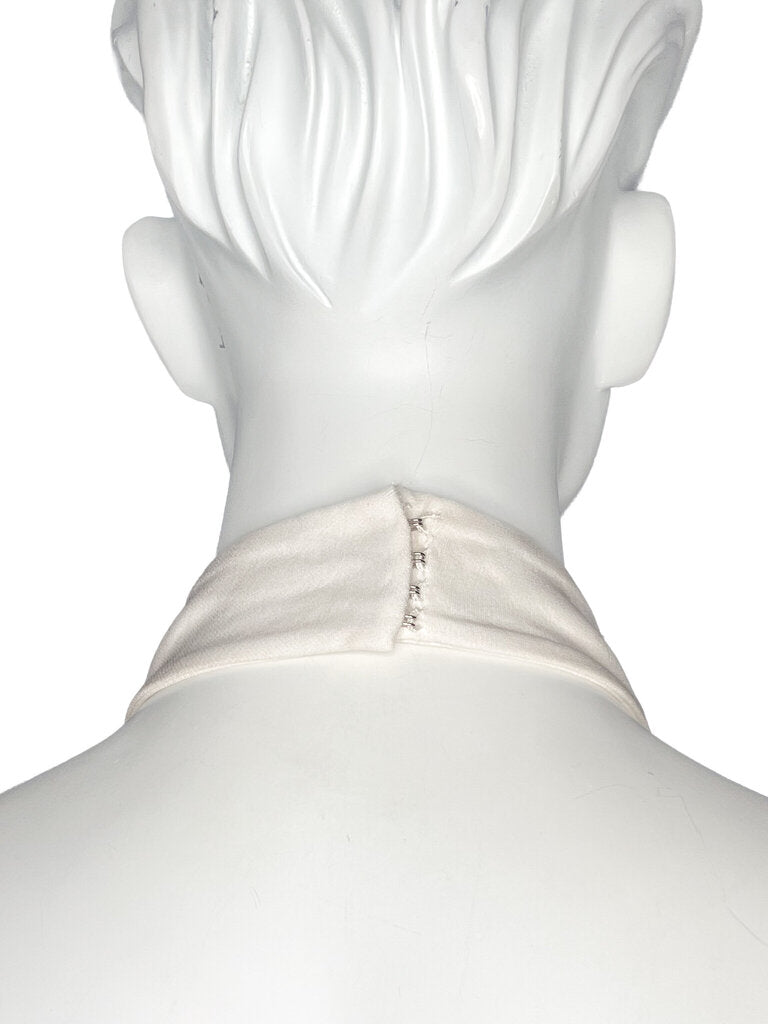 Close-up of a Stella McCartney ivory halter neckline featuring a fabric-covered collar and hook-and-eye fastening detail, available at Dee Black Luxury Designer Consignment Boutique, Perth Western Australia.