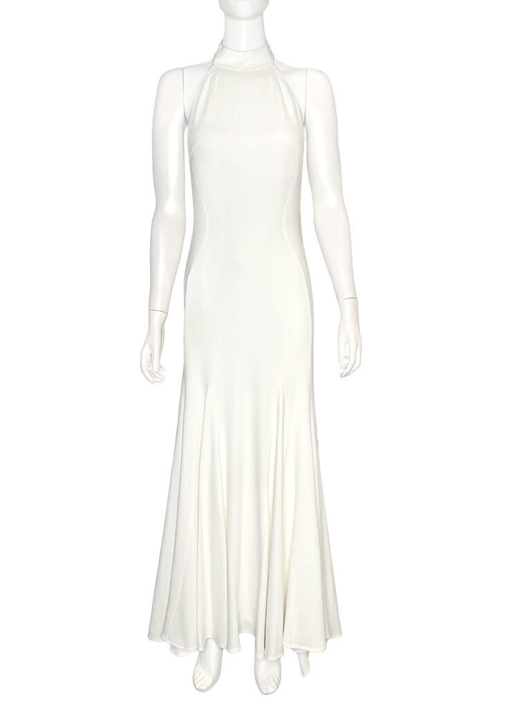 Stella McCartney ivory halter neck maxi dress featuring a fitted silhouette, open shoulder detail and flowing flared hem, available at Dee Black Luxury Designer Consignment Boutique, Perth Western Australia.