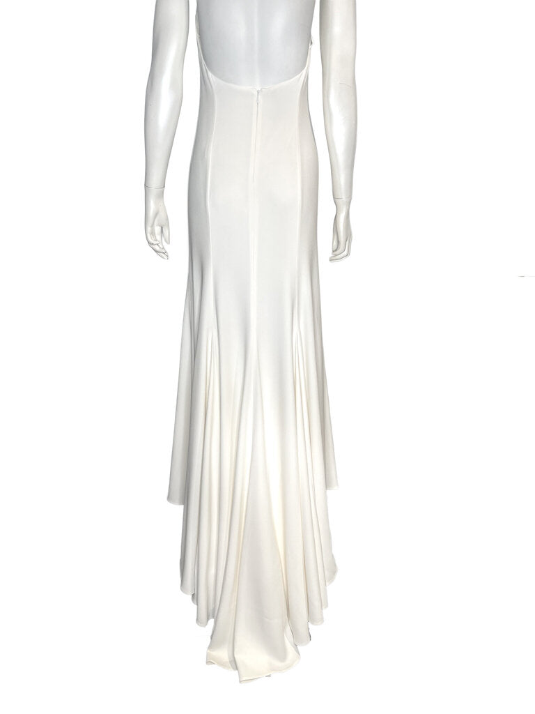 Back view of a Stella McCartney ivory maxi gown featuring a fitted silhouette, concealed back zip closure and flowing floor-length skirt, available at Dee Black Luxury Designer Consignment Boutique, Perth Western Australia.