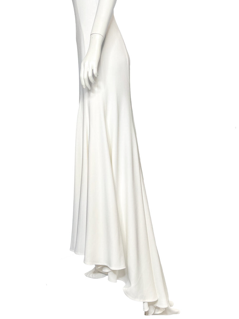 Side view of a Stella McCartney ivory maxi gown featuring a fluid draped silhouette, bias-cut skirt and elegant floor-length hem, available at Dee Black Luxury Designer Consignment Boutique, Perth Western Australia