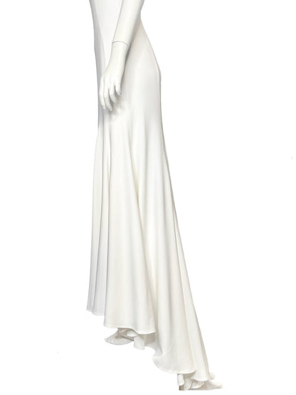 Side view of a Stella McCartney ivory maxi gown featuring a fluid draped silhouette, bias-cut skirt and elegant floor-length hem, available at Dee Black Luxury Designer Consignment Boutique, Perth Western Australia