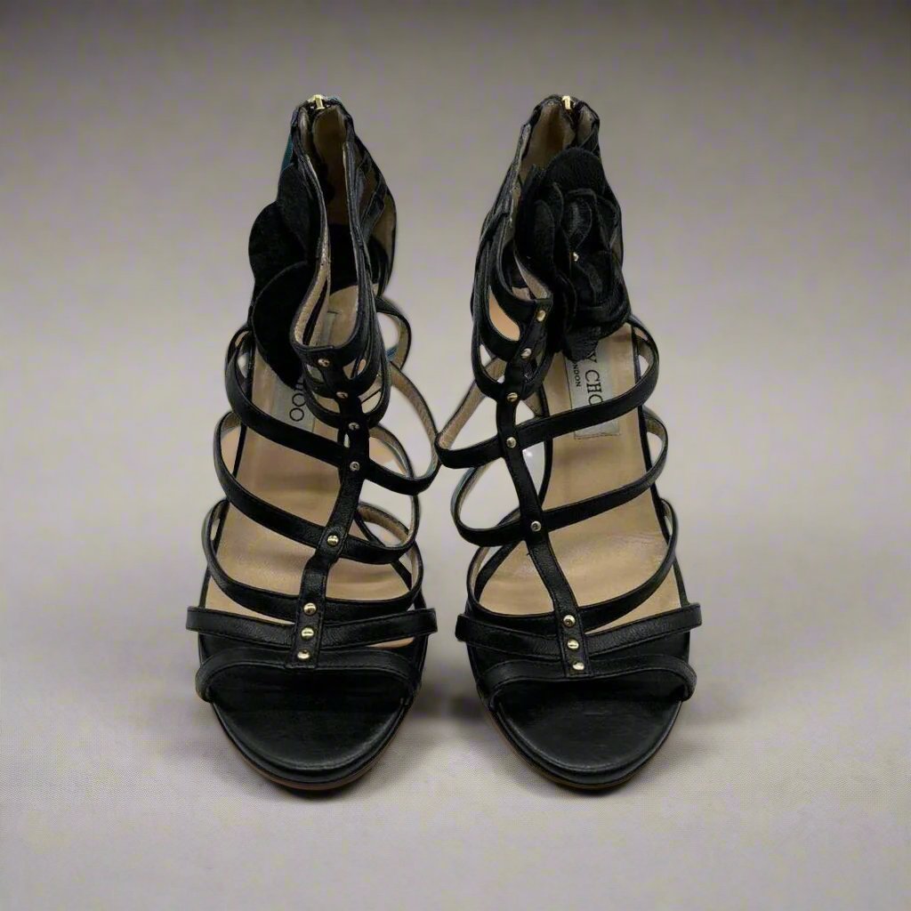 Jimmy Choo Black Leather Flower Brooch Cage Heels Size 37.5