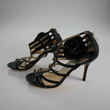 Load image into Gallery viewer, Jimmy Choo Black Leather Flower Brooch Cage Heels Size 37.5
