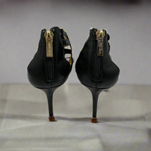 Load image into Gallery viewer, Jimmy Choo Black Leather Flower Brooch Cage Heels Size 37.5
