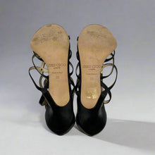 Load image into Gallery viewer, Jimmy Choo Black Leather Flower Brooch Cage Heels Size 37.5
