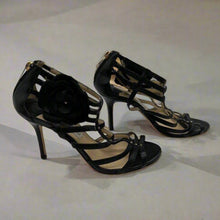 Load image into Gallery viewer, Jimmy Choo Black Leather Flower Brooch Cage Heels Size 37.5
